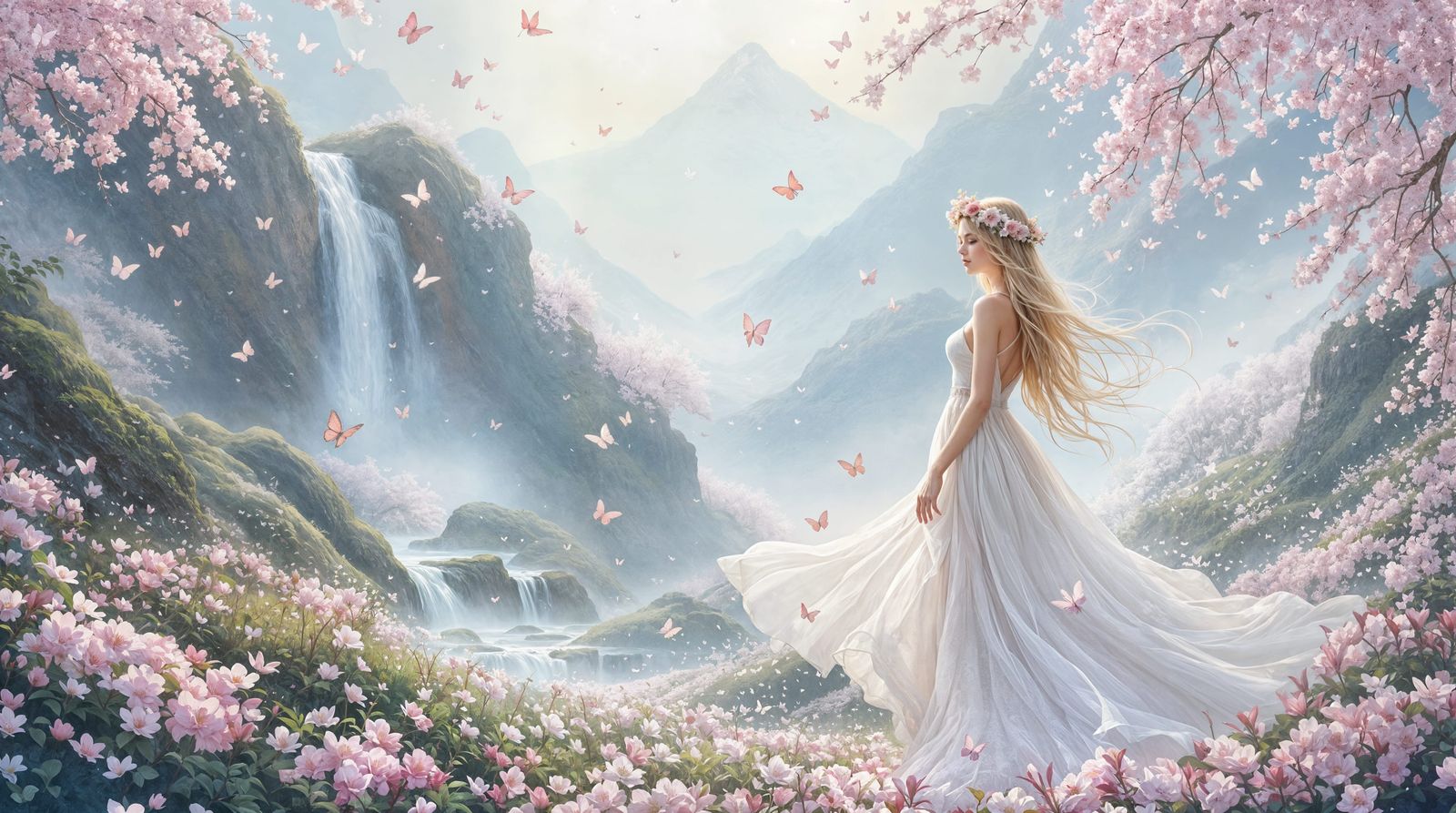 Dreamy Fantasy Landscape with Cascading Waterfall and Lush F...