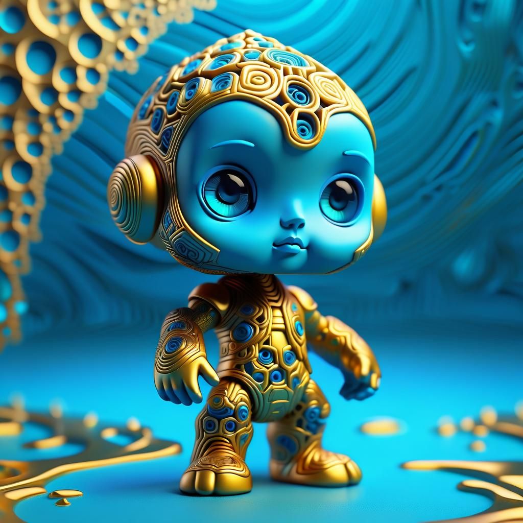 Golden Chibi Figurine in Cyberpunk Fantasy Art