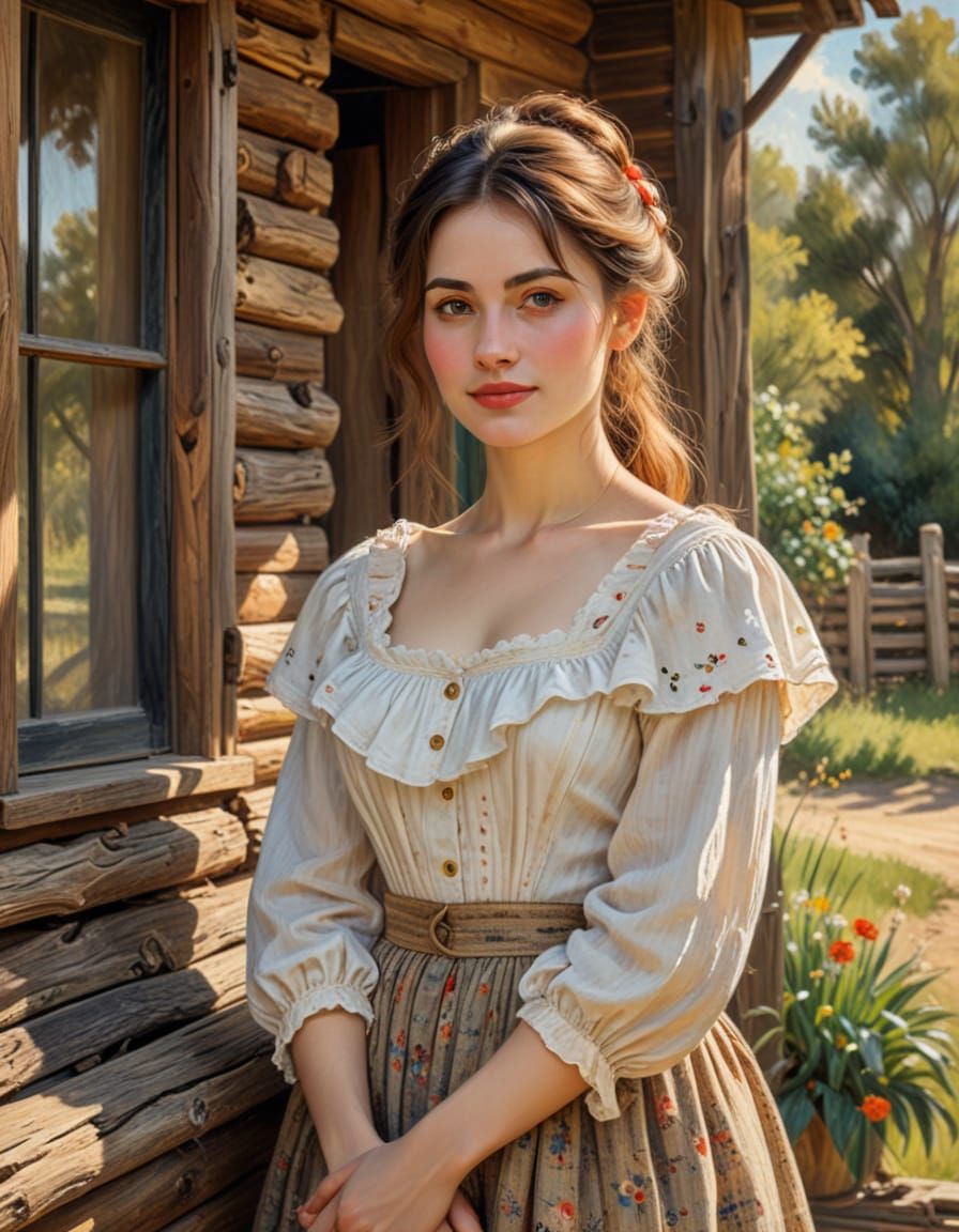 A Young Victorian Woman in a Log Cabin Setting, in the Style...