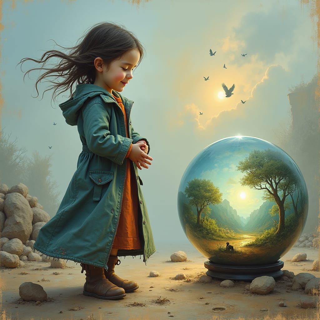 Girl with Crystal Ball in Wasteland, Art Brut Style