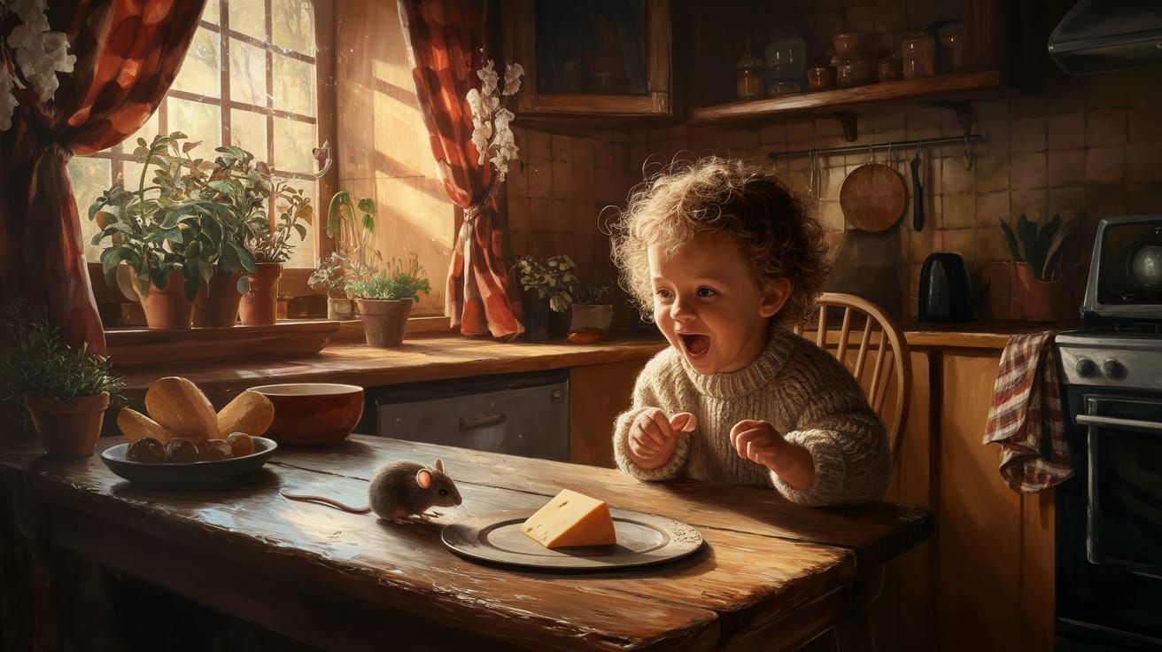 Child and Mouse in Sunlit Kitchen: Impressionist Oil