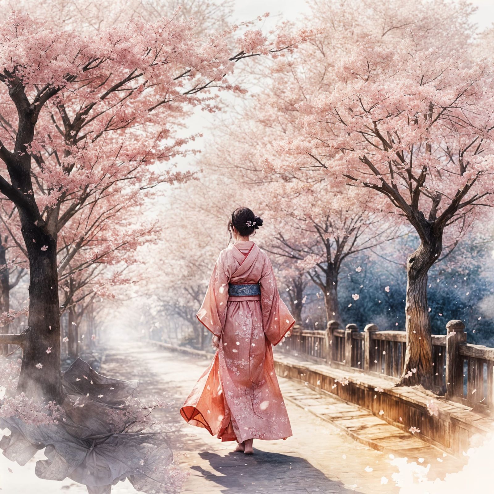 Beautiful Japanese Lady Walking Along Sakura Avenue at Dawn