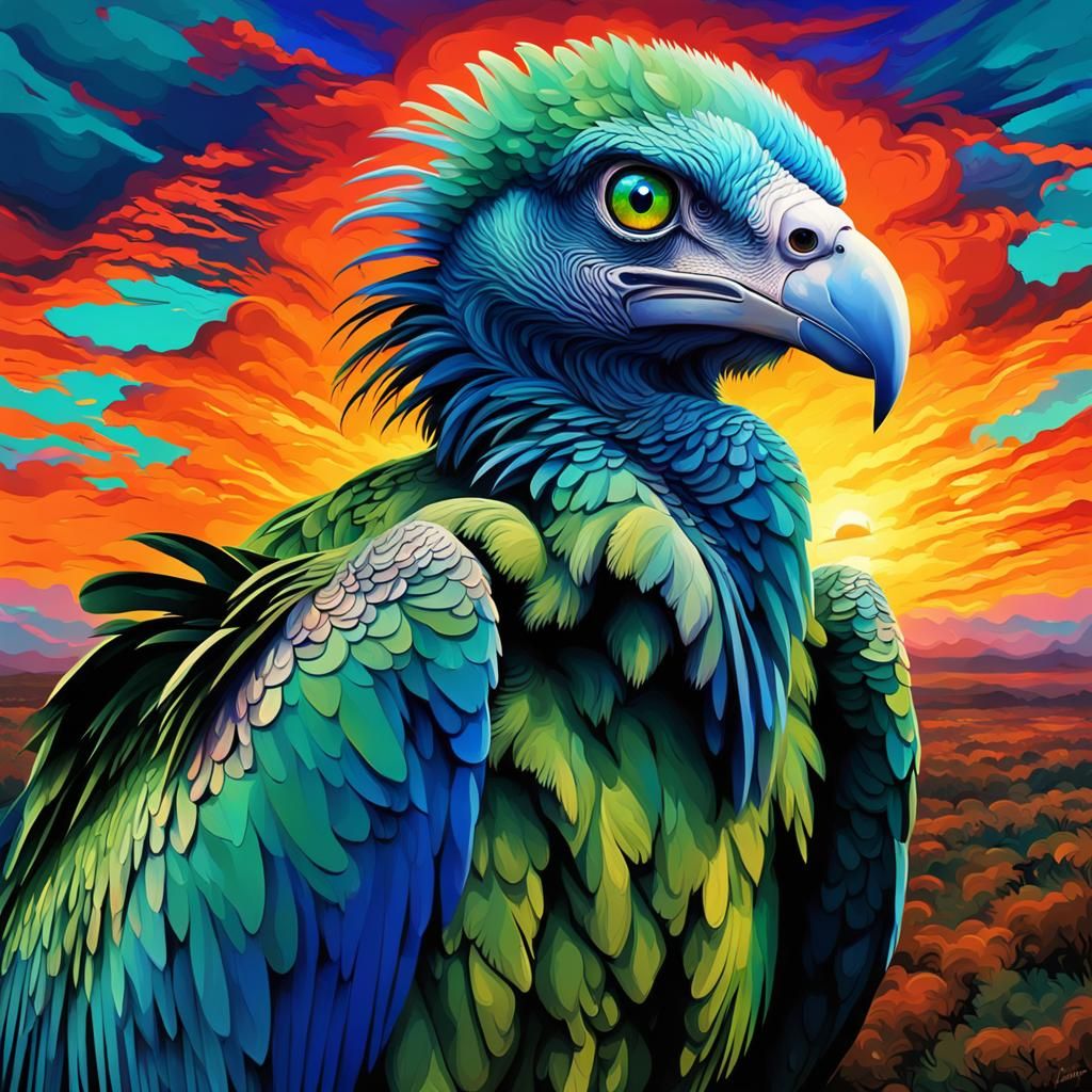 Green Vulture with Blue Eyes in Modern Art Style