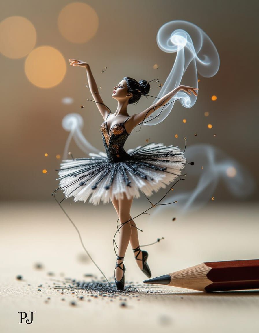 Ballerina of Smoke and Wire Emerging from Pencil Art