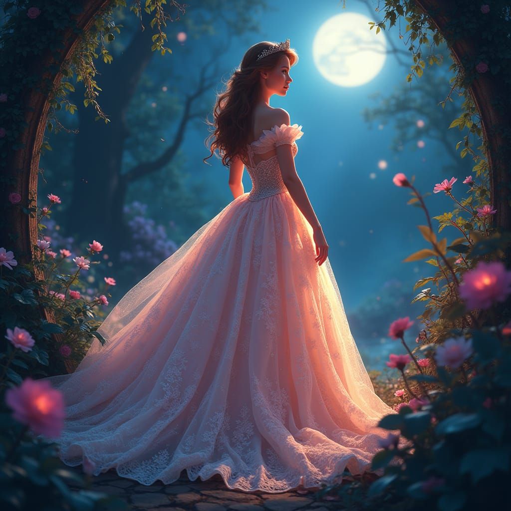 Regal Disney Princess in a Mystical Moonlit Garden