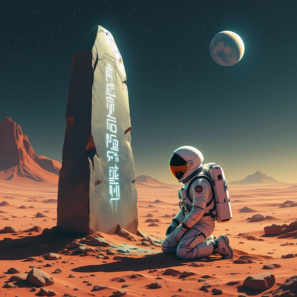 Astronaut and Alien Monolith in Surreal Style