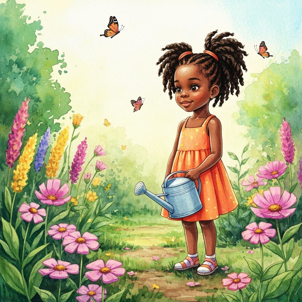Girl with Braids in Vibrant Garden, Watercolor Style