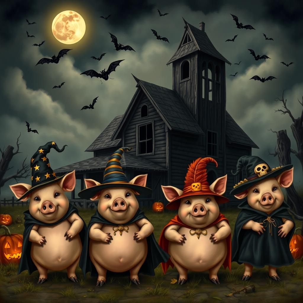 Whimsical Witches: Pigs in Halloween Regalia