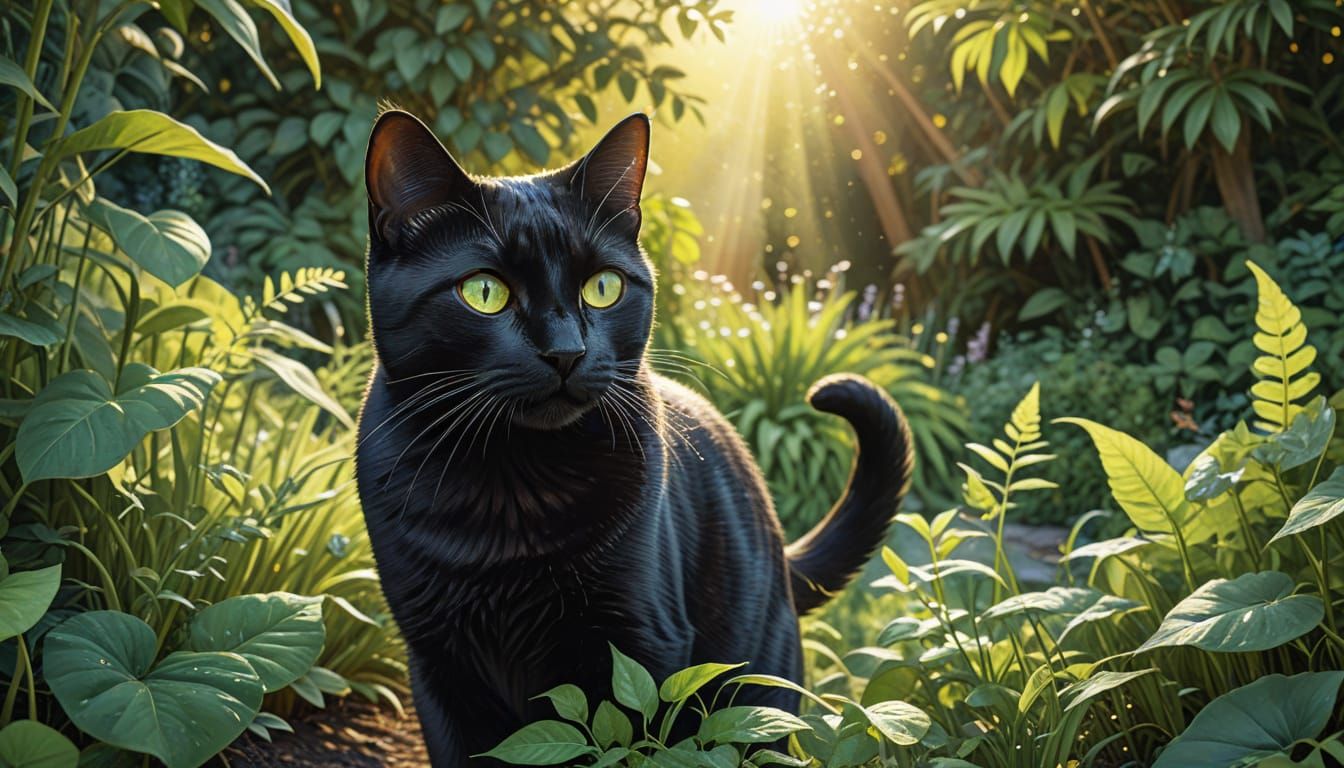 Black Cat's Whimsical Garden Adventure in Watercolor