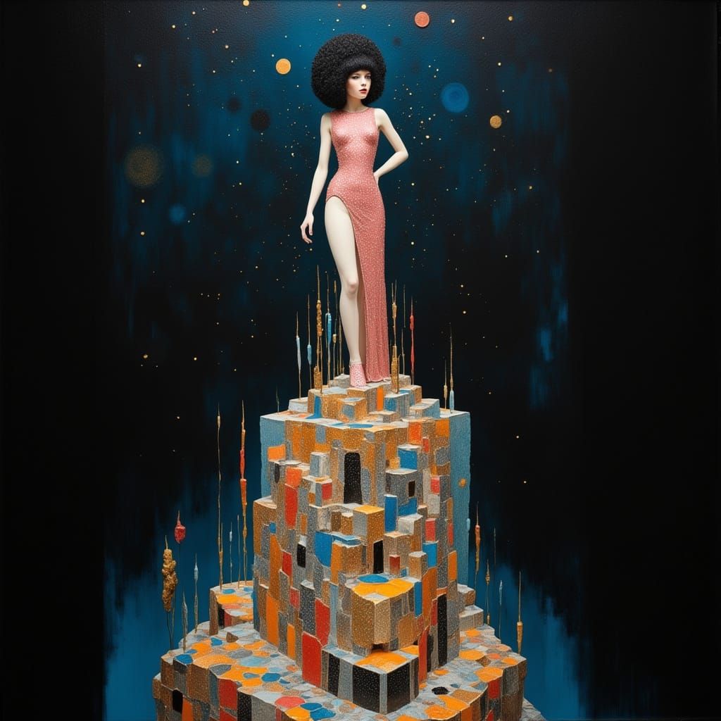 Woman Atop Tower in Art Deco Style