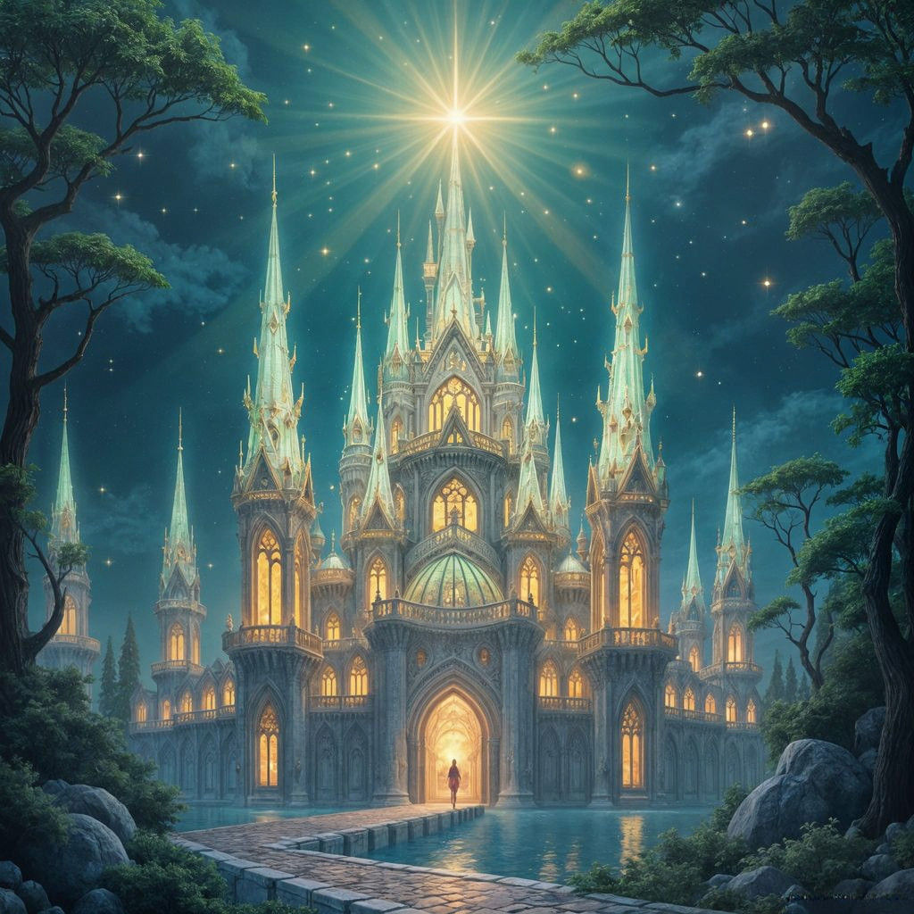 A Radiant Fae Castle in Opulent Emerald and Ruby Splendor