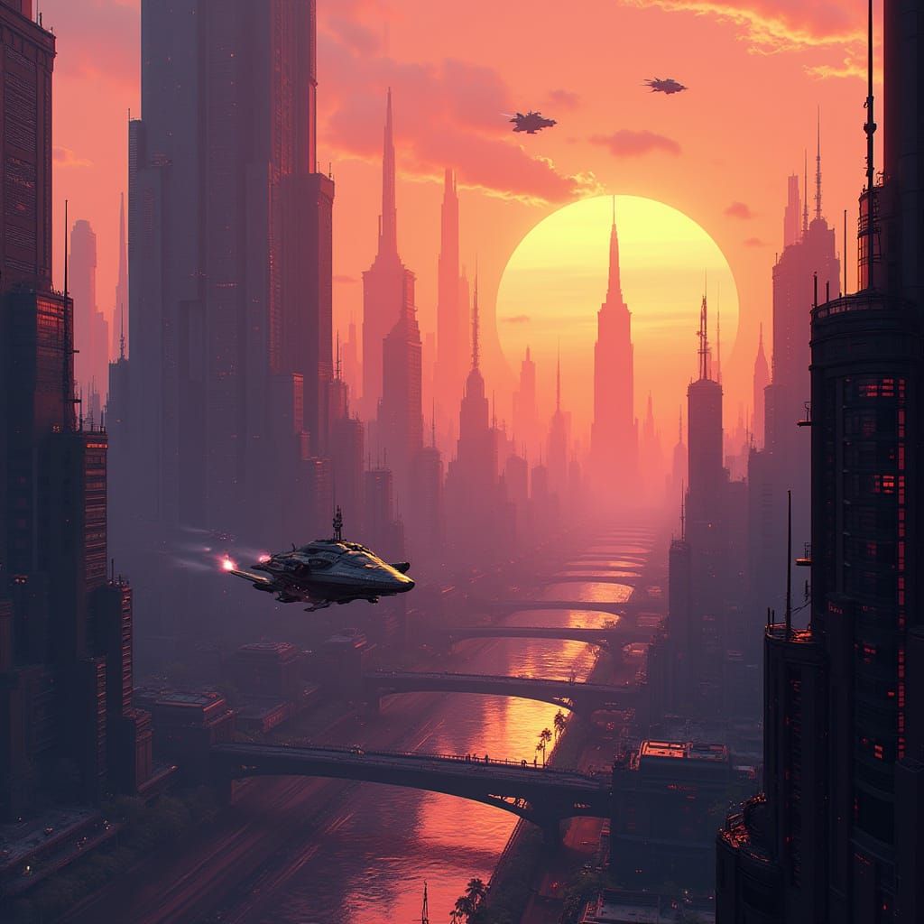 Futuristic Metropolis at Dusk: Matte Painting Style