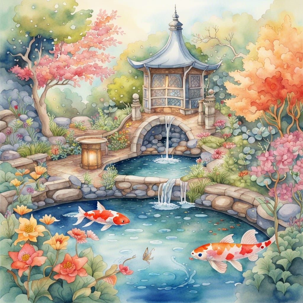 Dreamlike Watercolor Garden with Koi