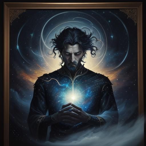 A stunning painting of a celestial man, lying down in a peac...
