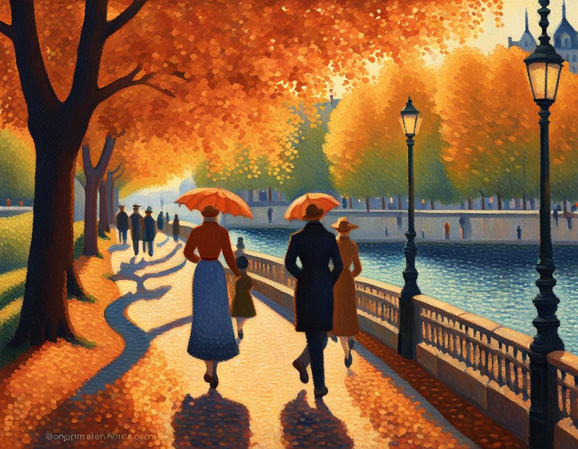 Pointillist Parisian Scene in Style of Seurat