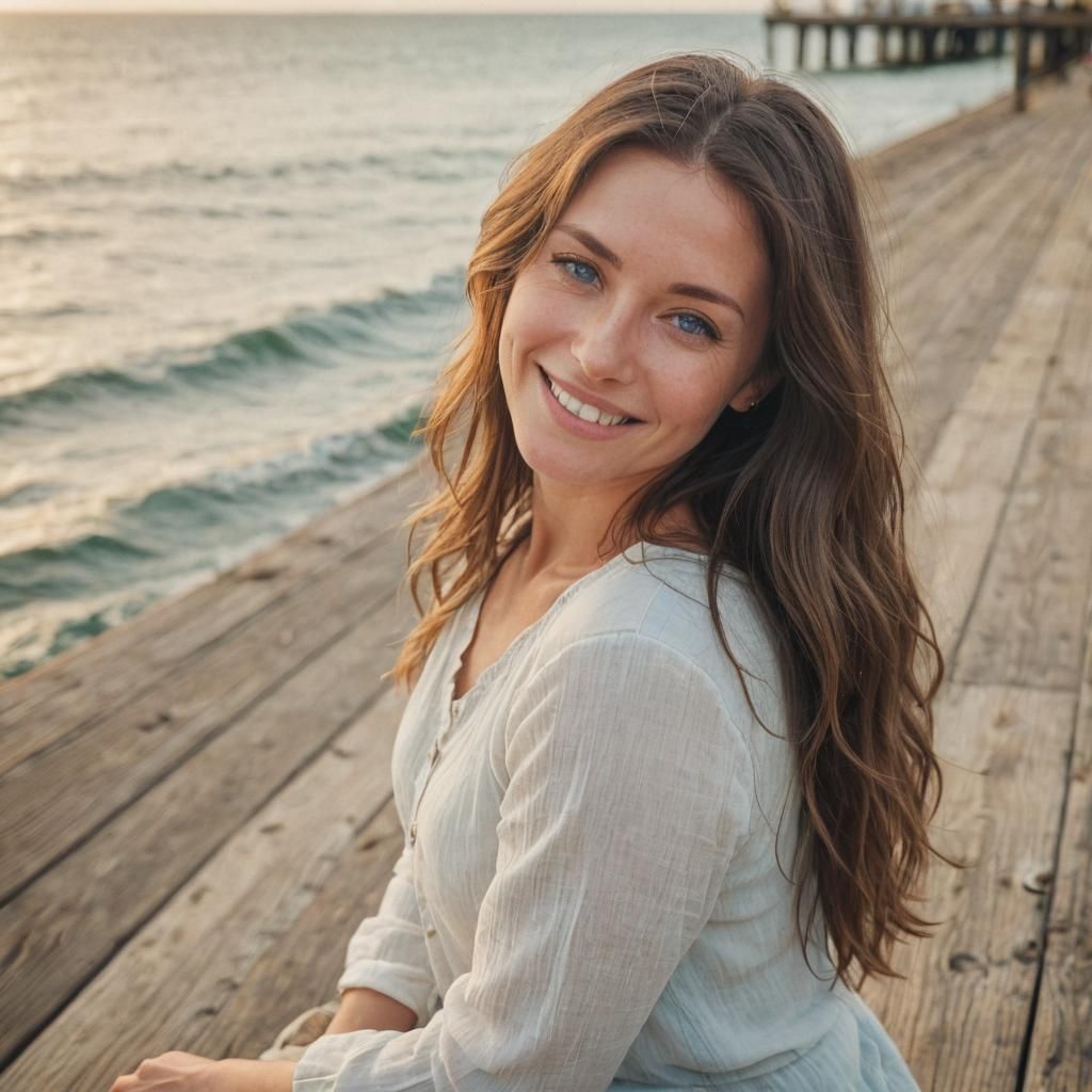 Smiling Brunette on Ocean Pier in Soft Light