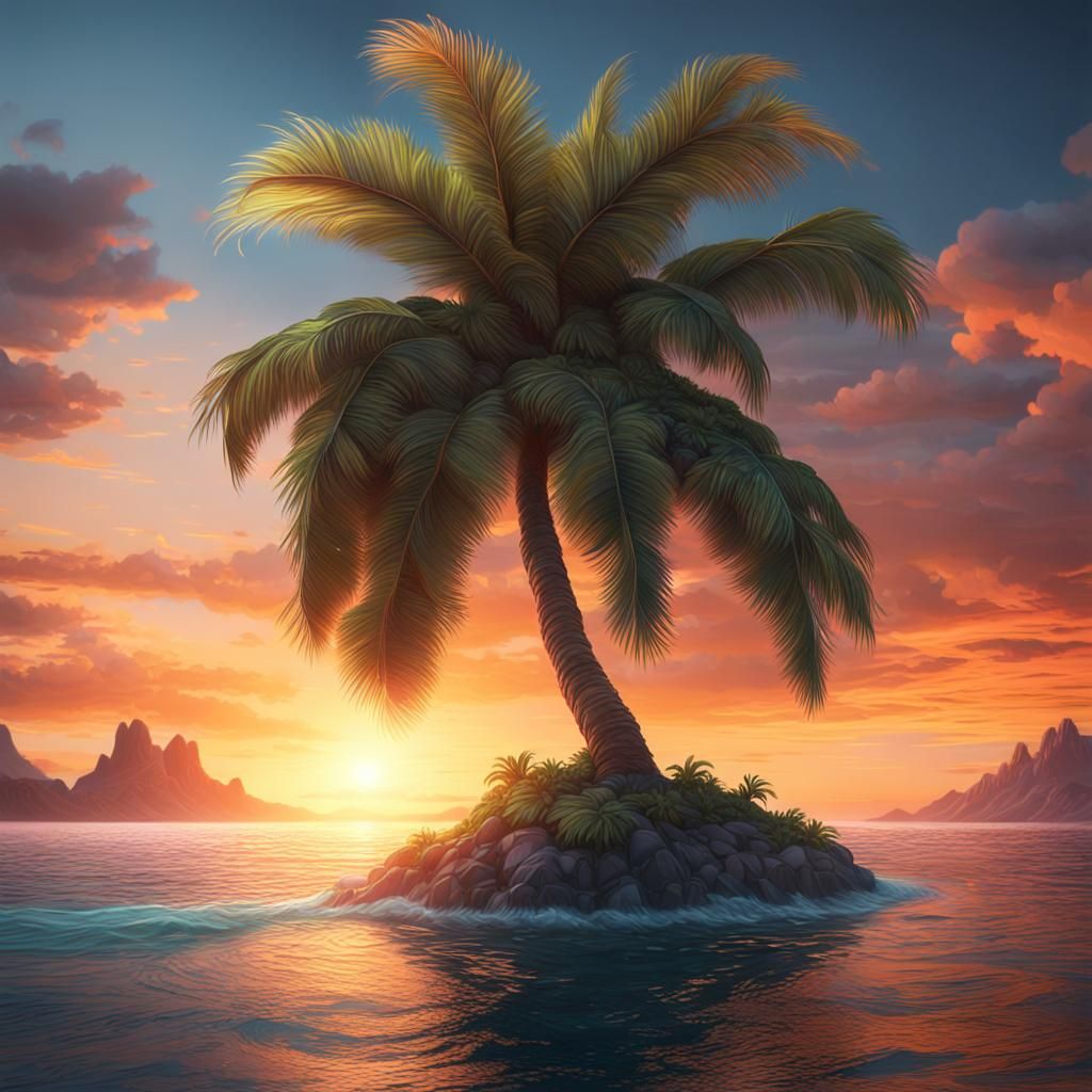 Tropical Island Palm Tree at Sunset: Fantasy Art