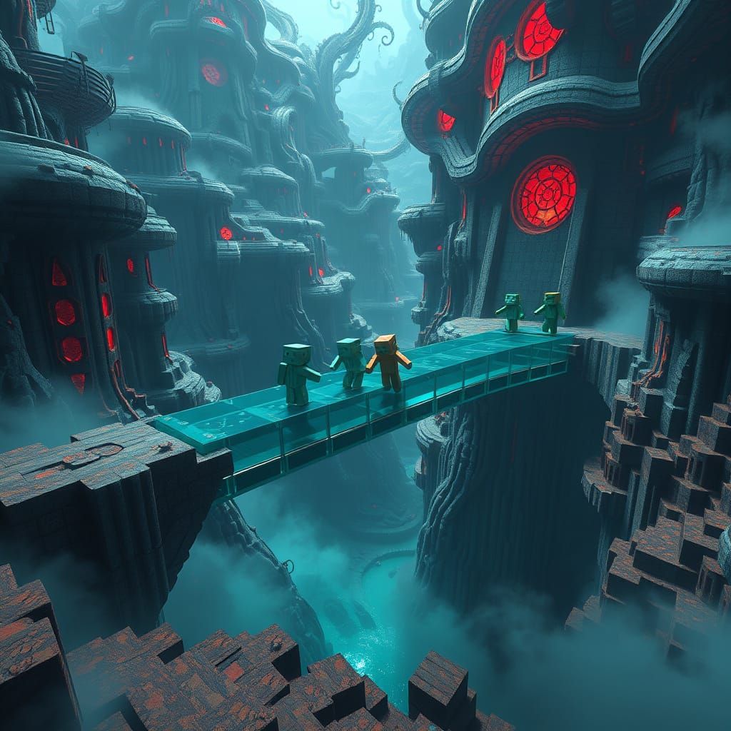 Fantastical Glass Bridge Nightmare in a Minecraft Dreamscape