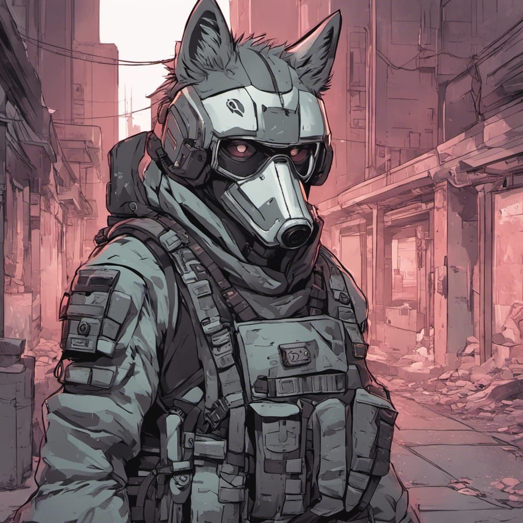 Gas Masked Wolf in Sci-Fi City, Anime Style