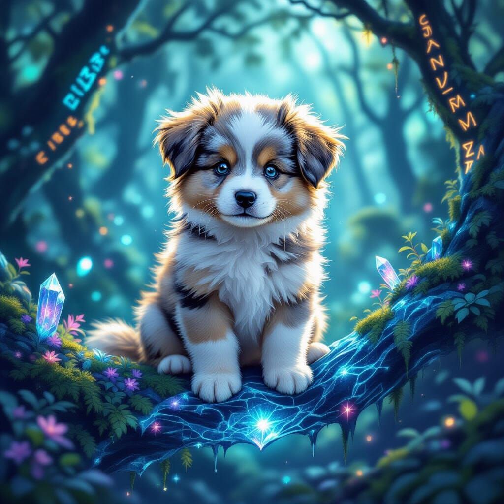 Cosmic Puppy on Crystalline Branch in Bioluminescent Forest