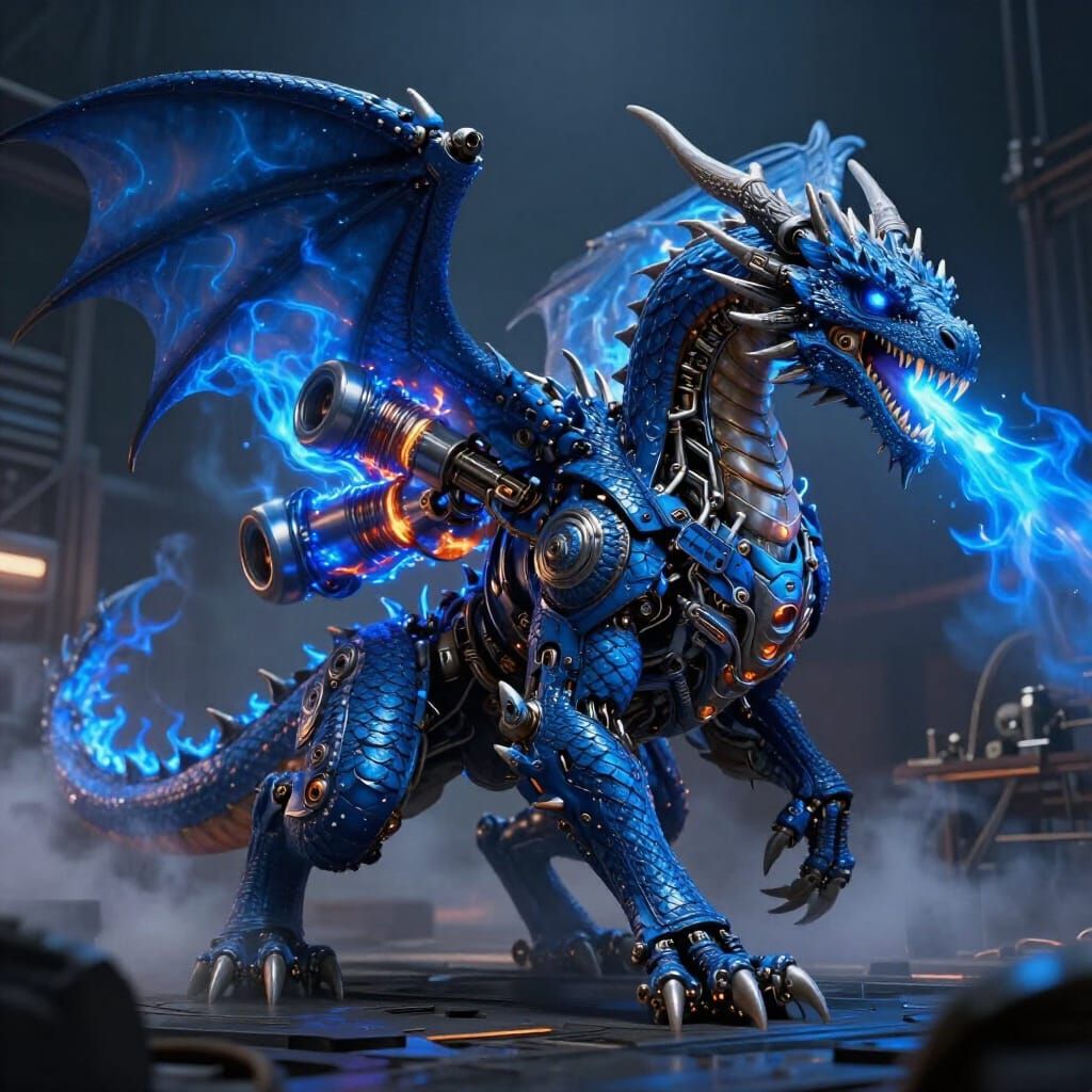 Mechanical Dragon Breathing Blue Fire in Workshop