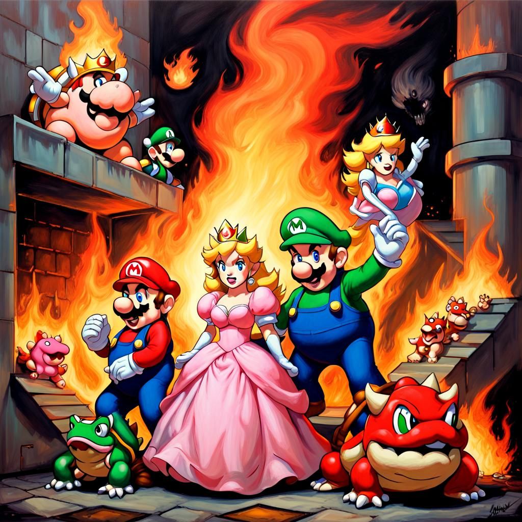 Mario, Nintendo, Luigi, princess peach, toad, Bowser lair , fire, comic book style, oil on canvas