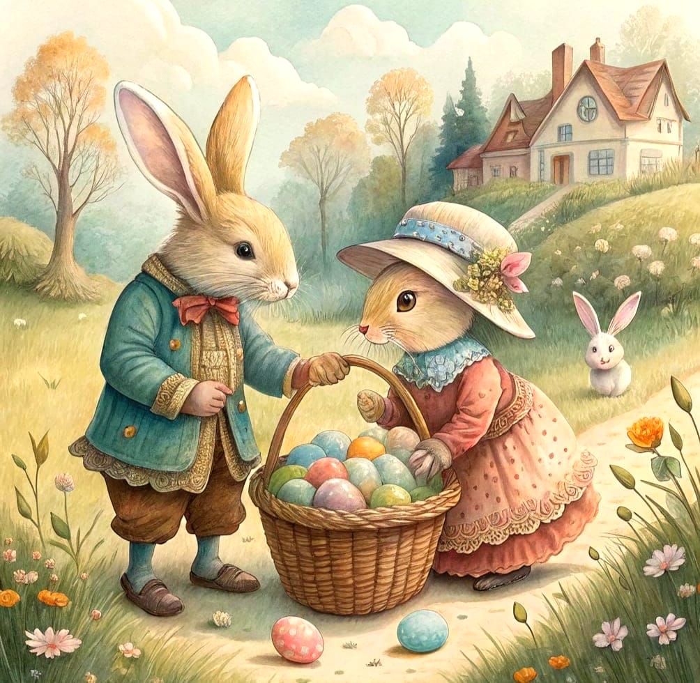 Edwardian Bunnies in Whimsical Spring Meadow