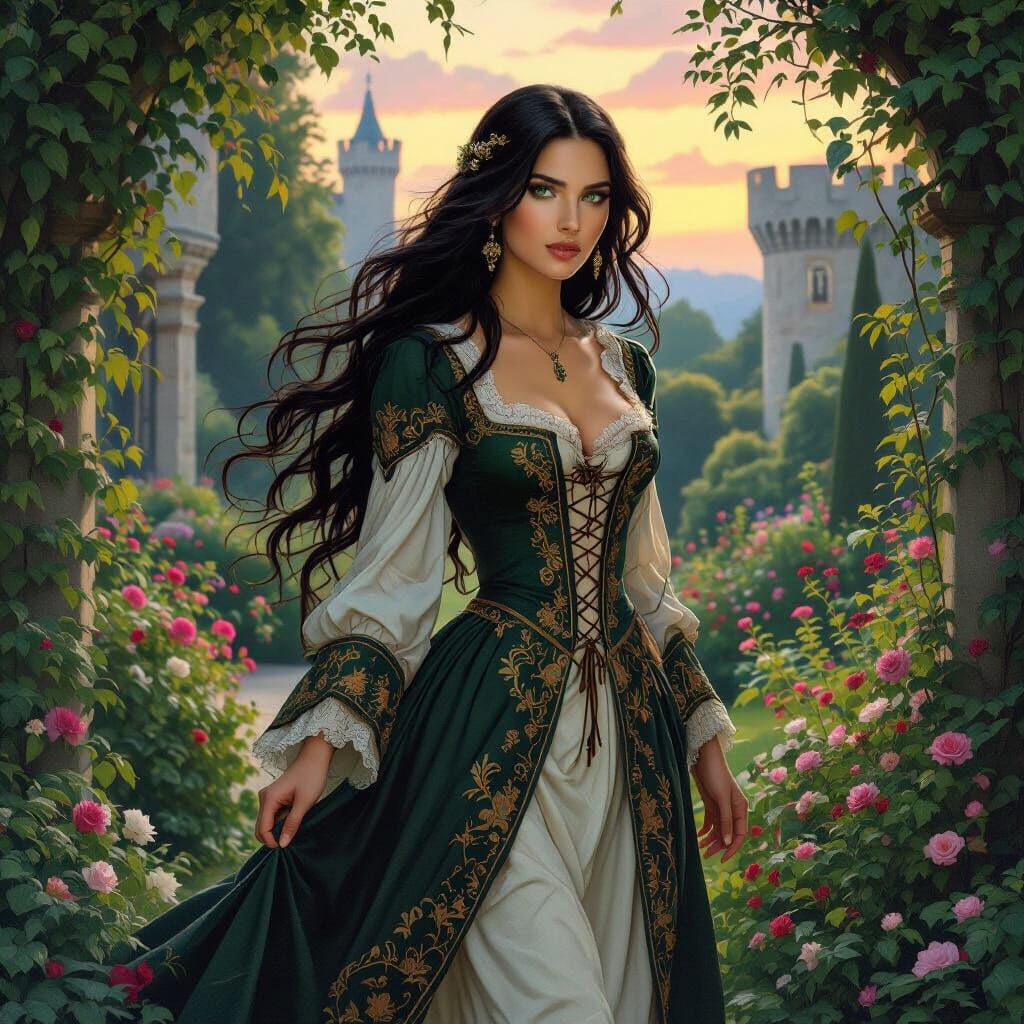 Medieval Woman in Castle Garden, Romantic Style