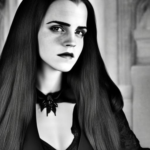 Emma Watson as Morticia Addams: Hyperrealistic Portrait