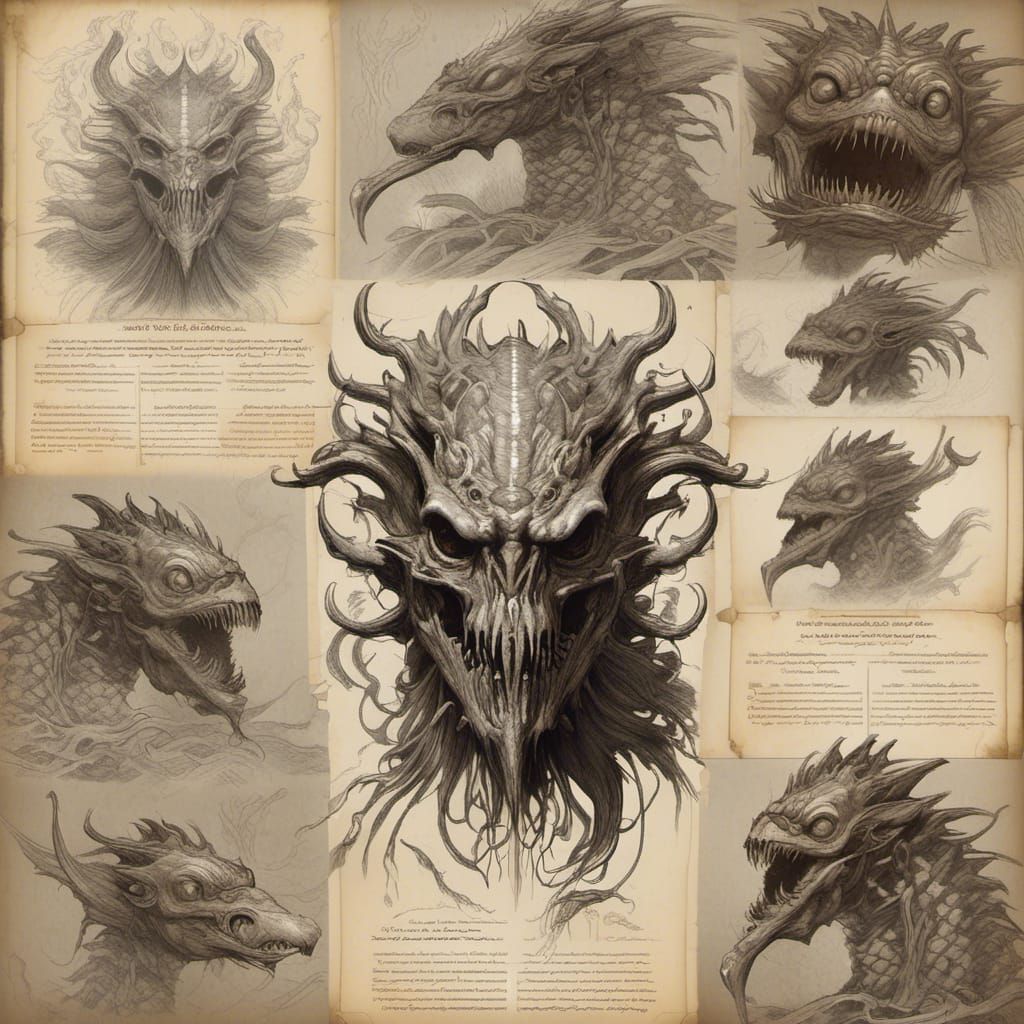Necronomicon Fish Monster Anatomical Drawing