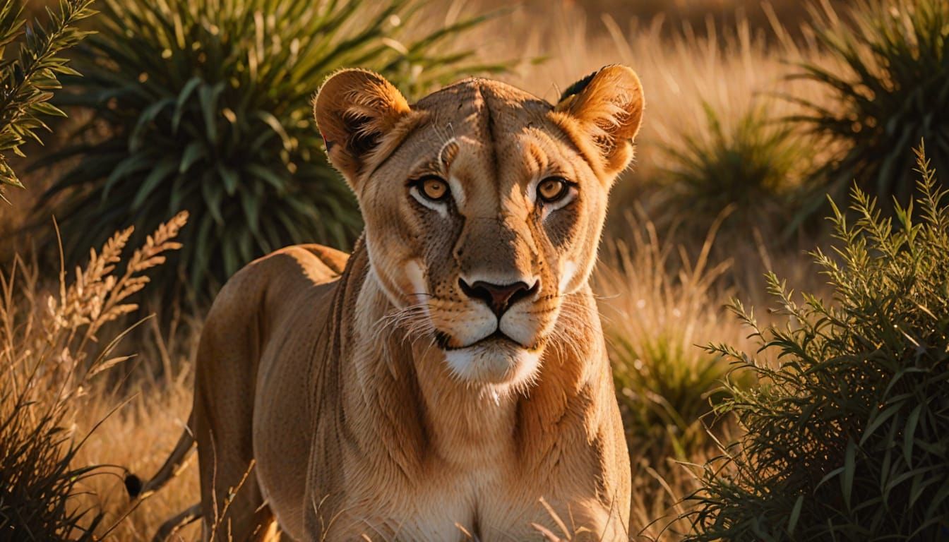 Lioness Stalking Gazelle in Savannah Sunset