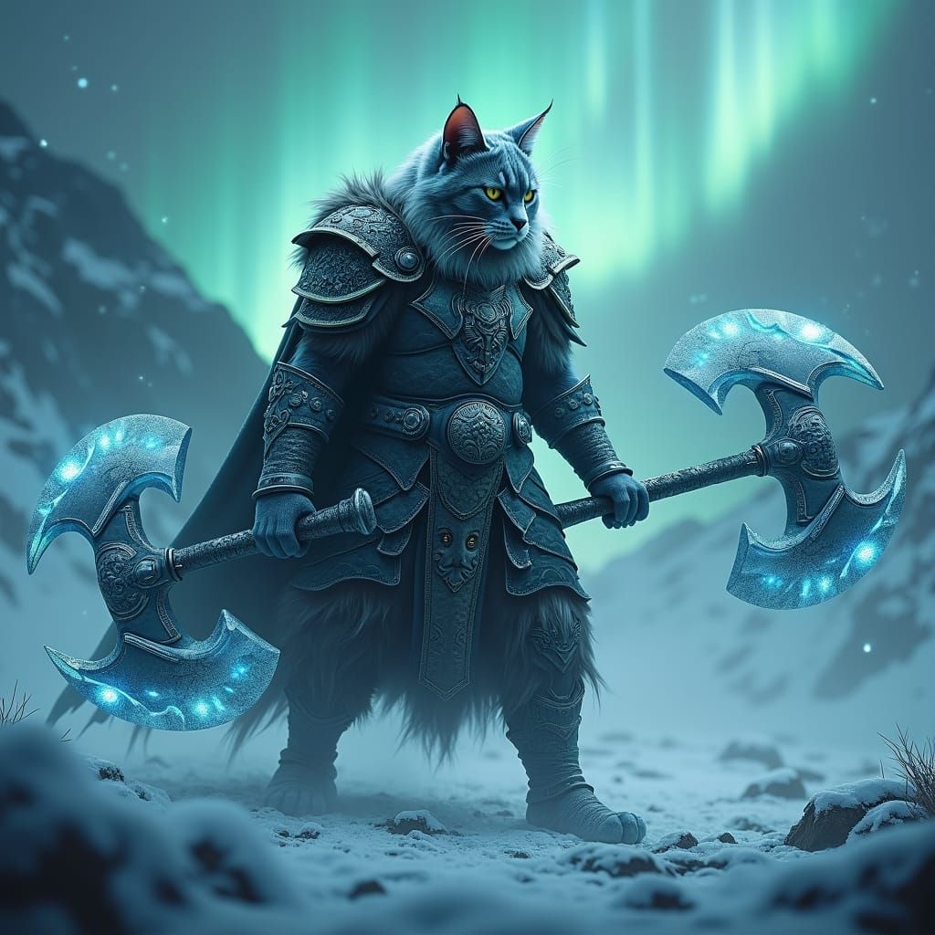 Norse Armored Cat Battling Northern Mist