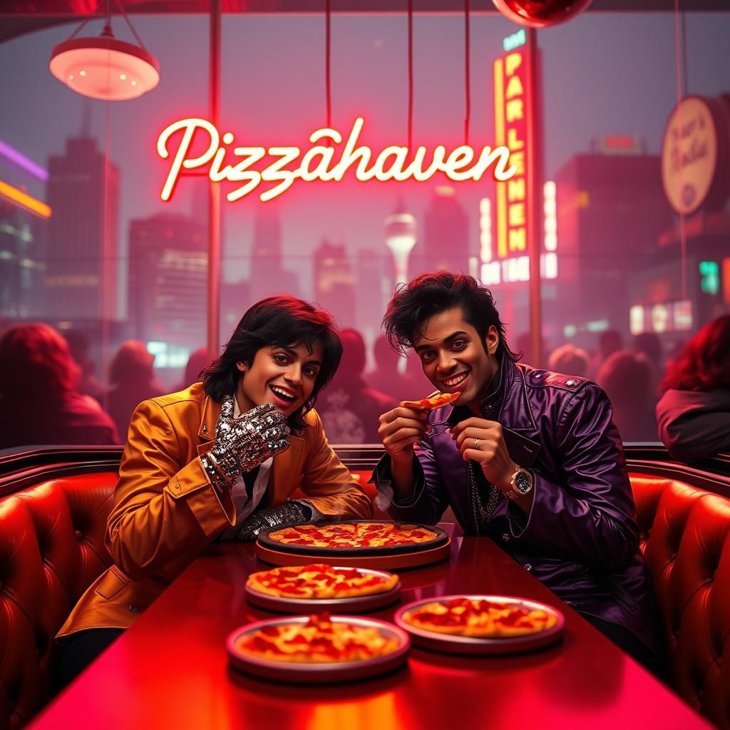 Michael Jackson and Prince at Pizza Joint in Cyberpunk Style