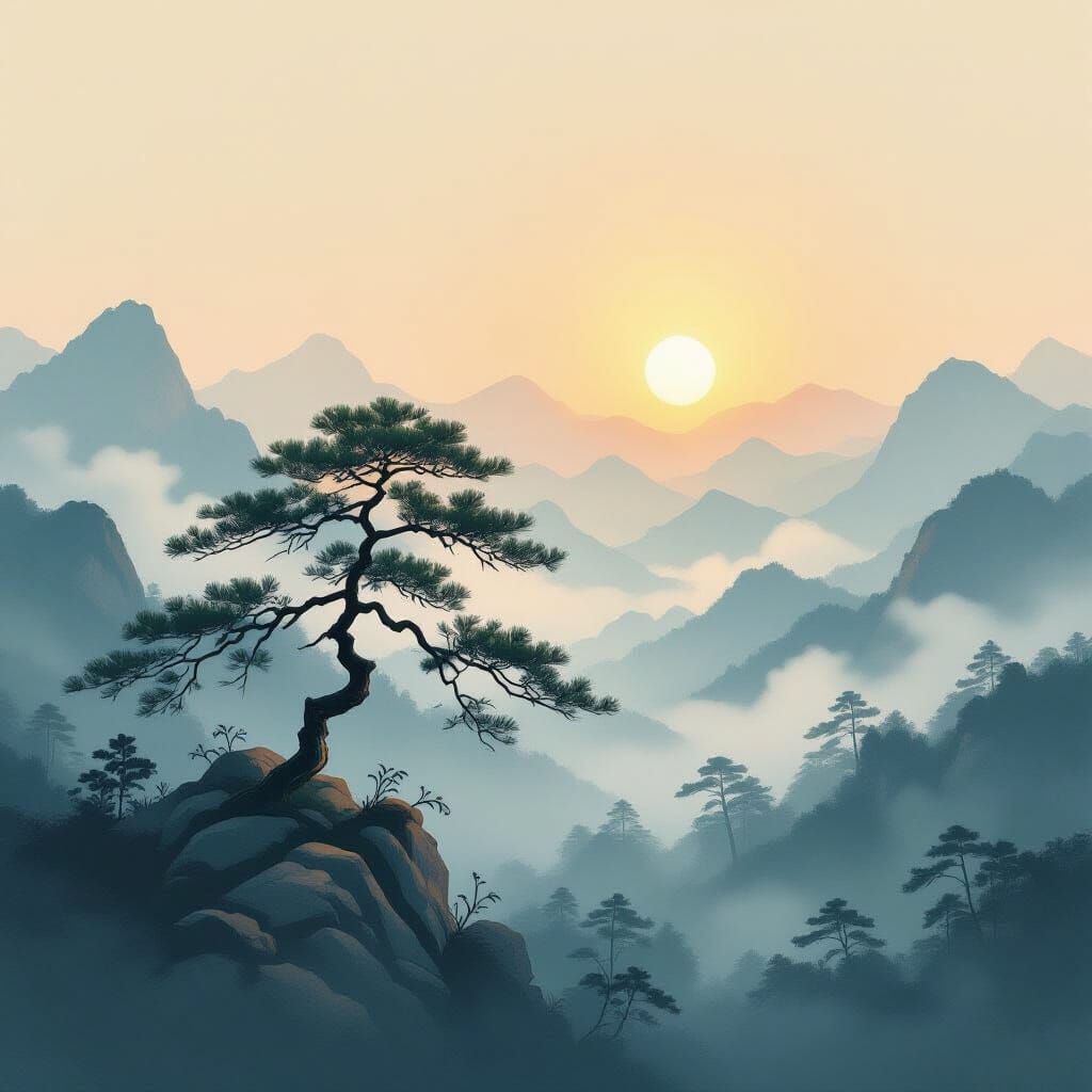 Serene Mountain Dawn in Traditional Chinese Painting Style