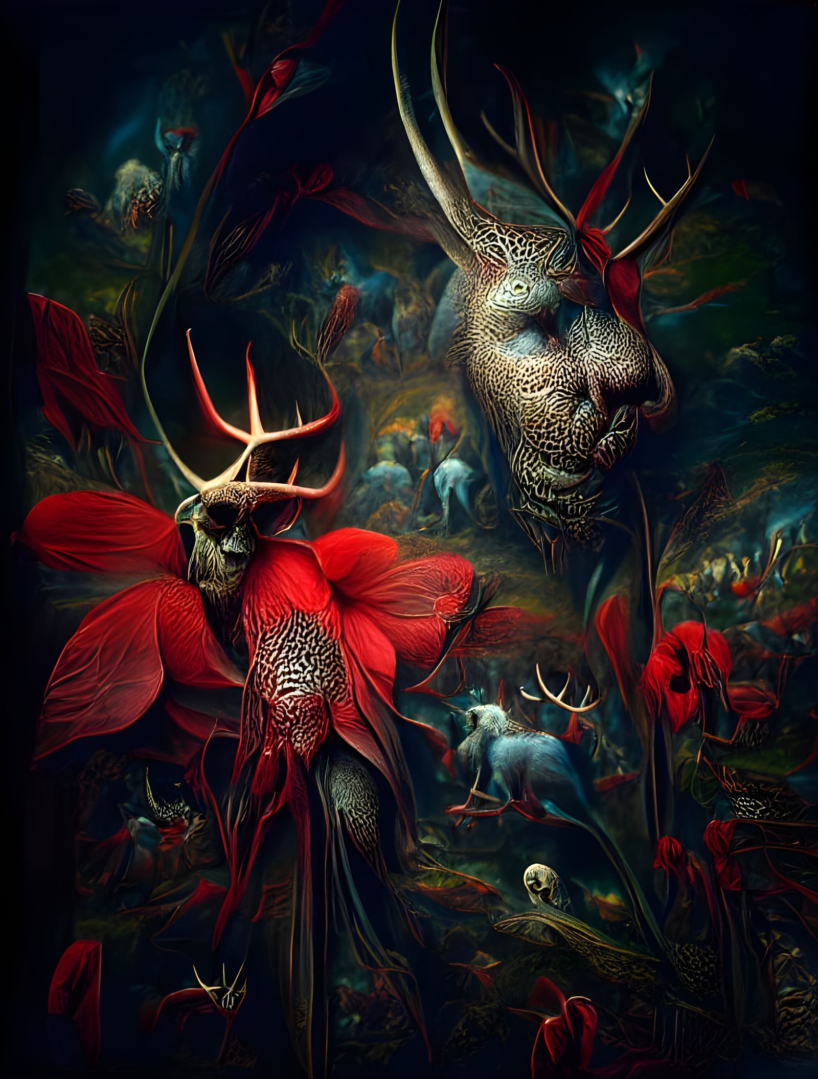 Demonic Huntsman with Roses in Dark Forest