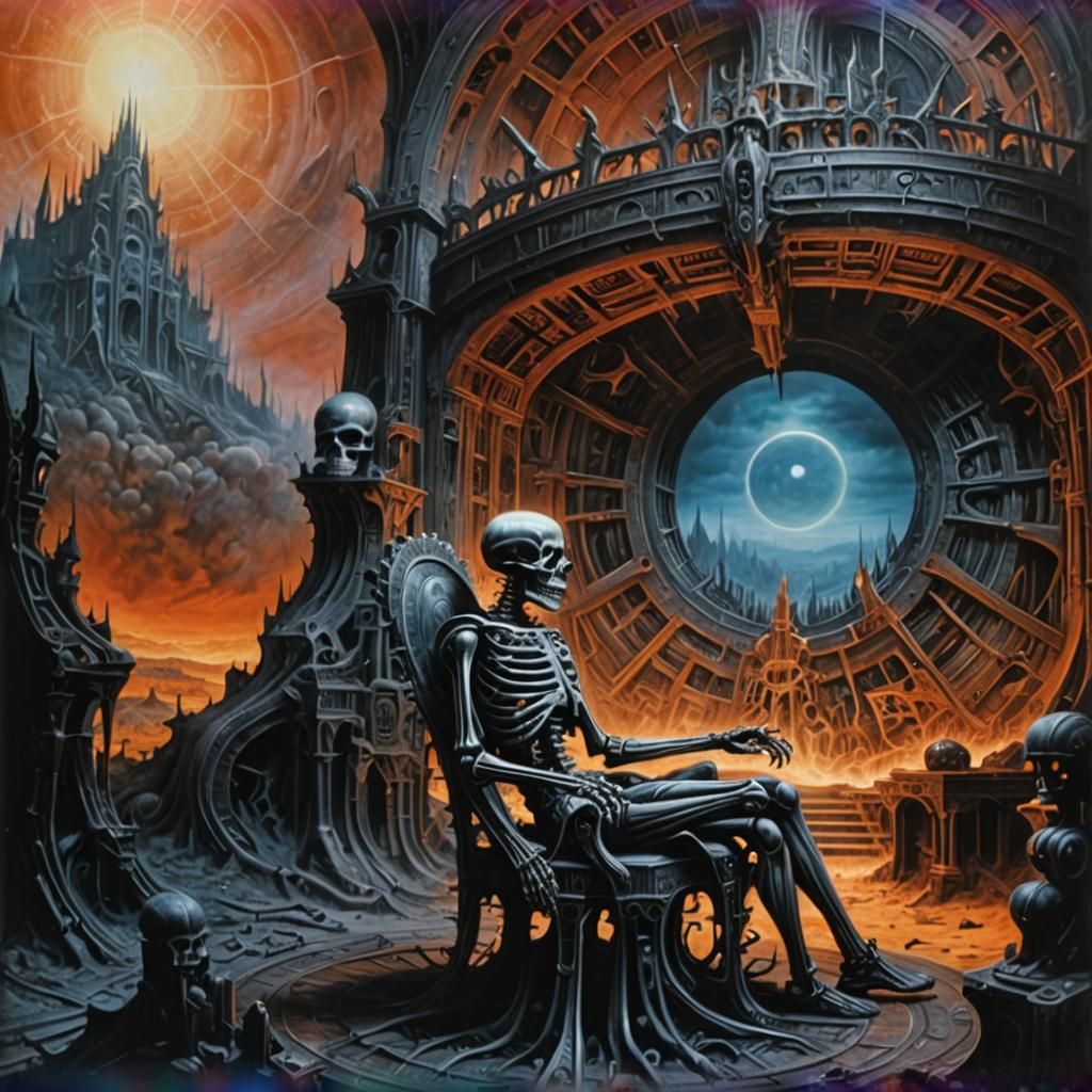 Skeleton on Throne in Dark Room: Surreal Art
