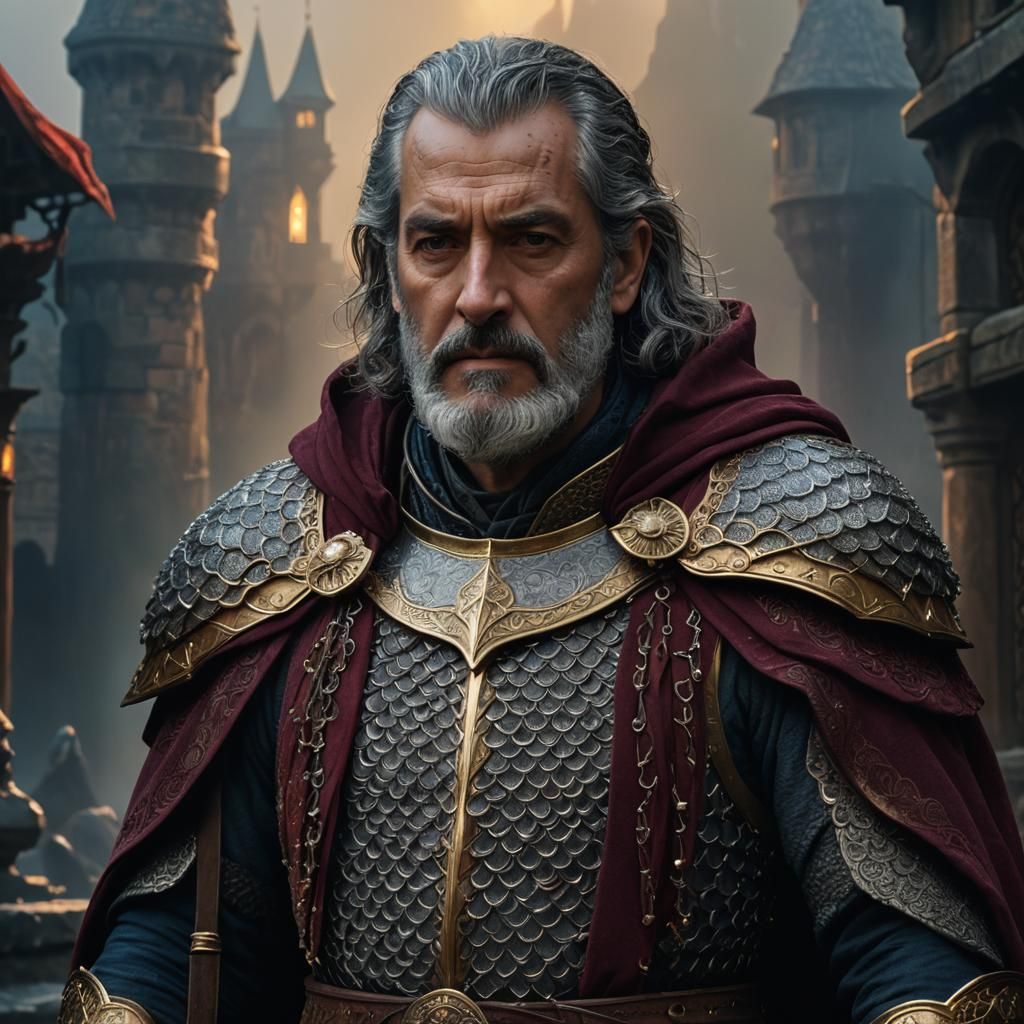 Noble in Scaled Armor with Misty Golden Light