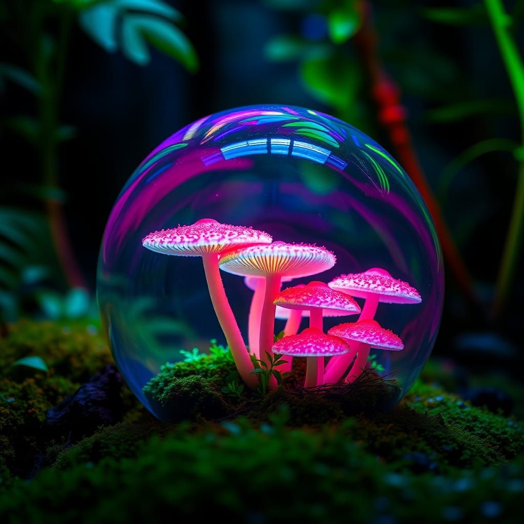 Fluorescent Mushrooms in Glass Orb, Rainforest Setting