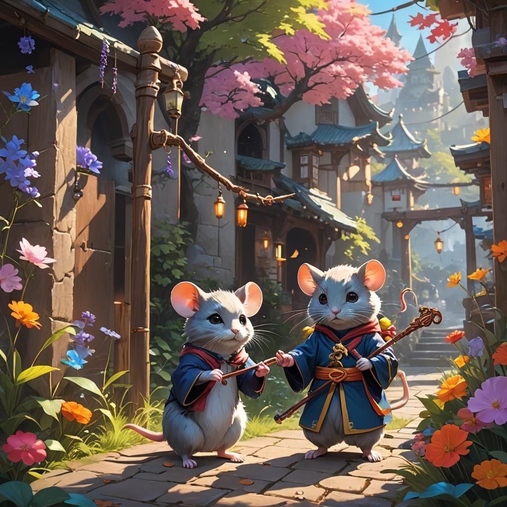 Wise Mouse Guides Cat: Vibrant 3D Anime Art