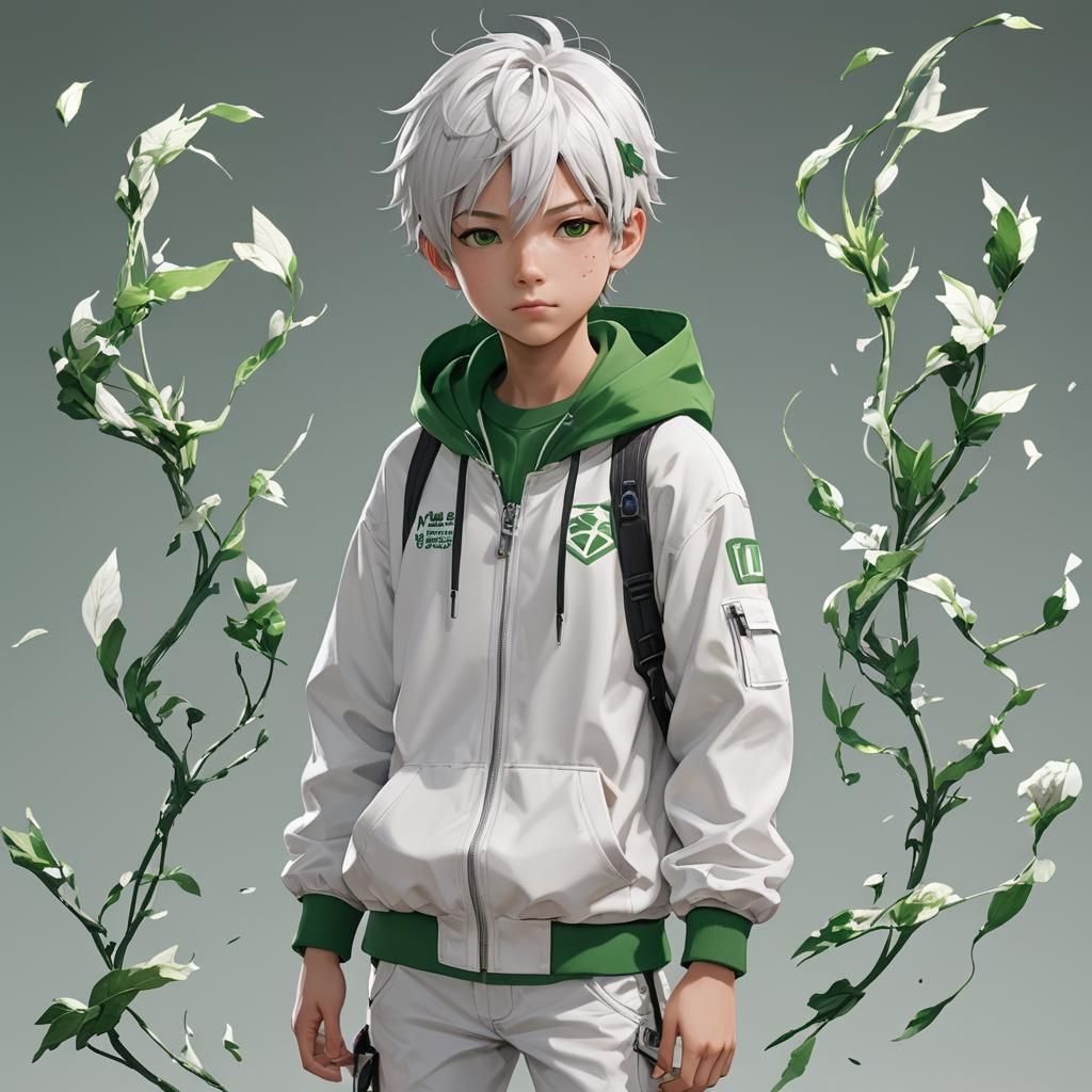 Anime Style Boy in Green and White Clothes