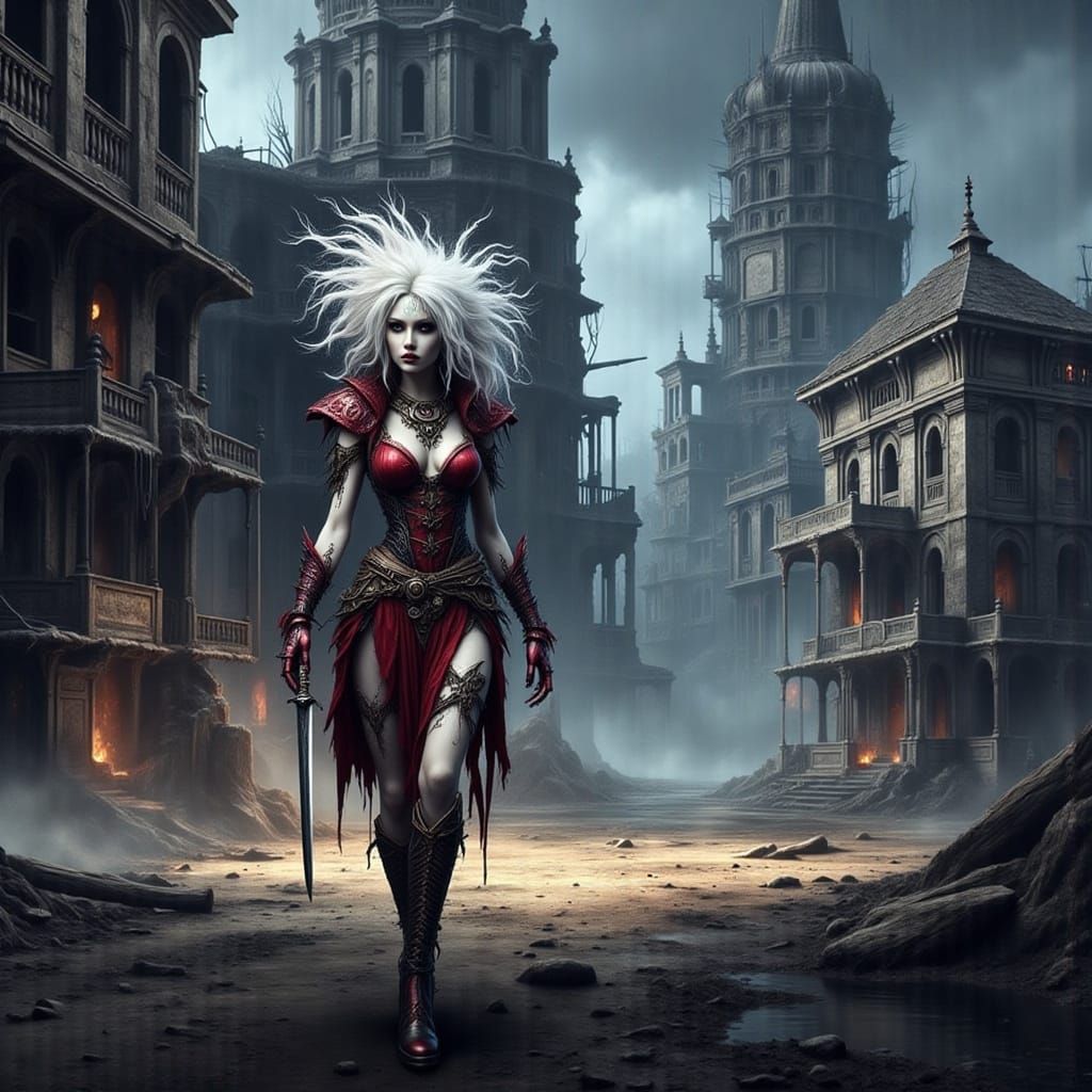 Albino Elf Maiden in Red Leather in a Dark City