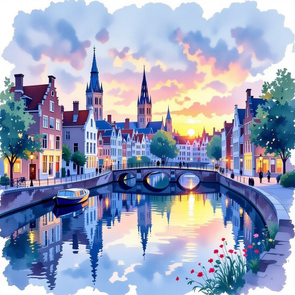 Bruges Cityscape with Romantic Lake at Blue Hour