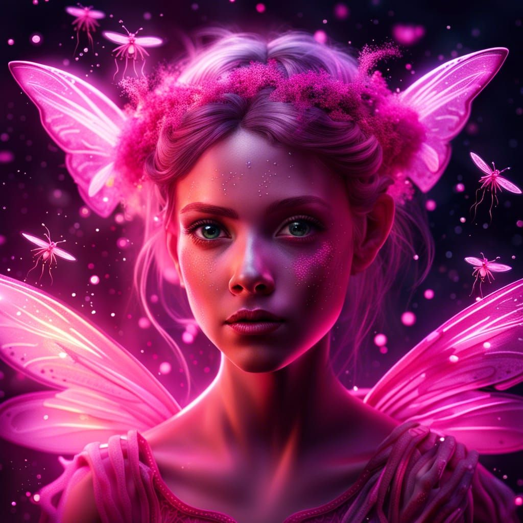 Detailed Pink Fairy Portrait with Fireflies