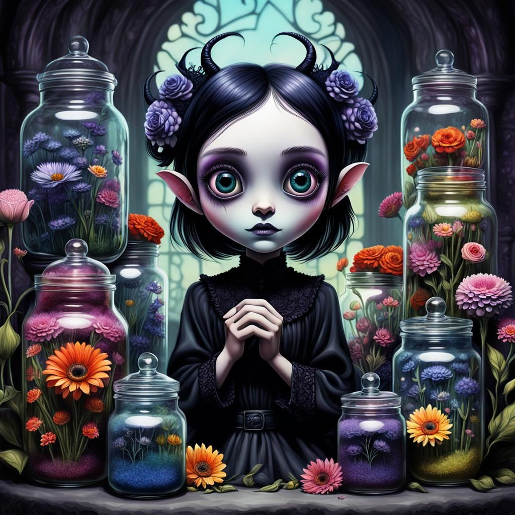 Generate an image of a gothic-inspired pixie-like creature w...