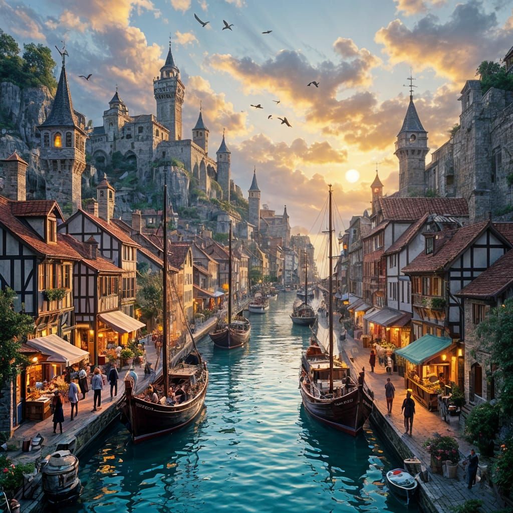Sunset Over a Vibrant Medieval Harbor Town