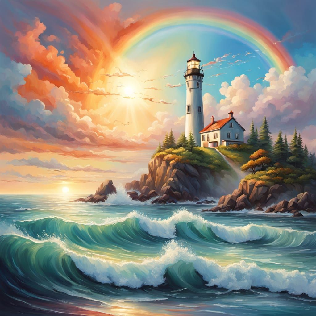 Majestic Lighthouse Amidst Serene Waves and Rainbow