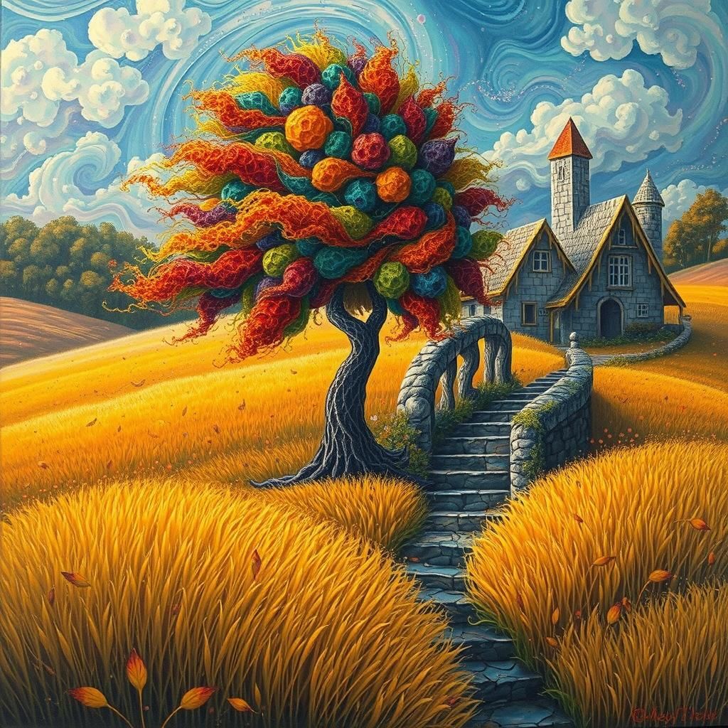 Whimsical Woman Ascending Steps to Aurora Sky