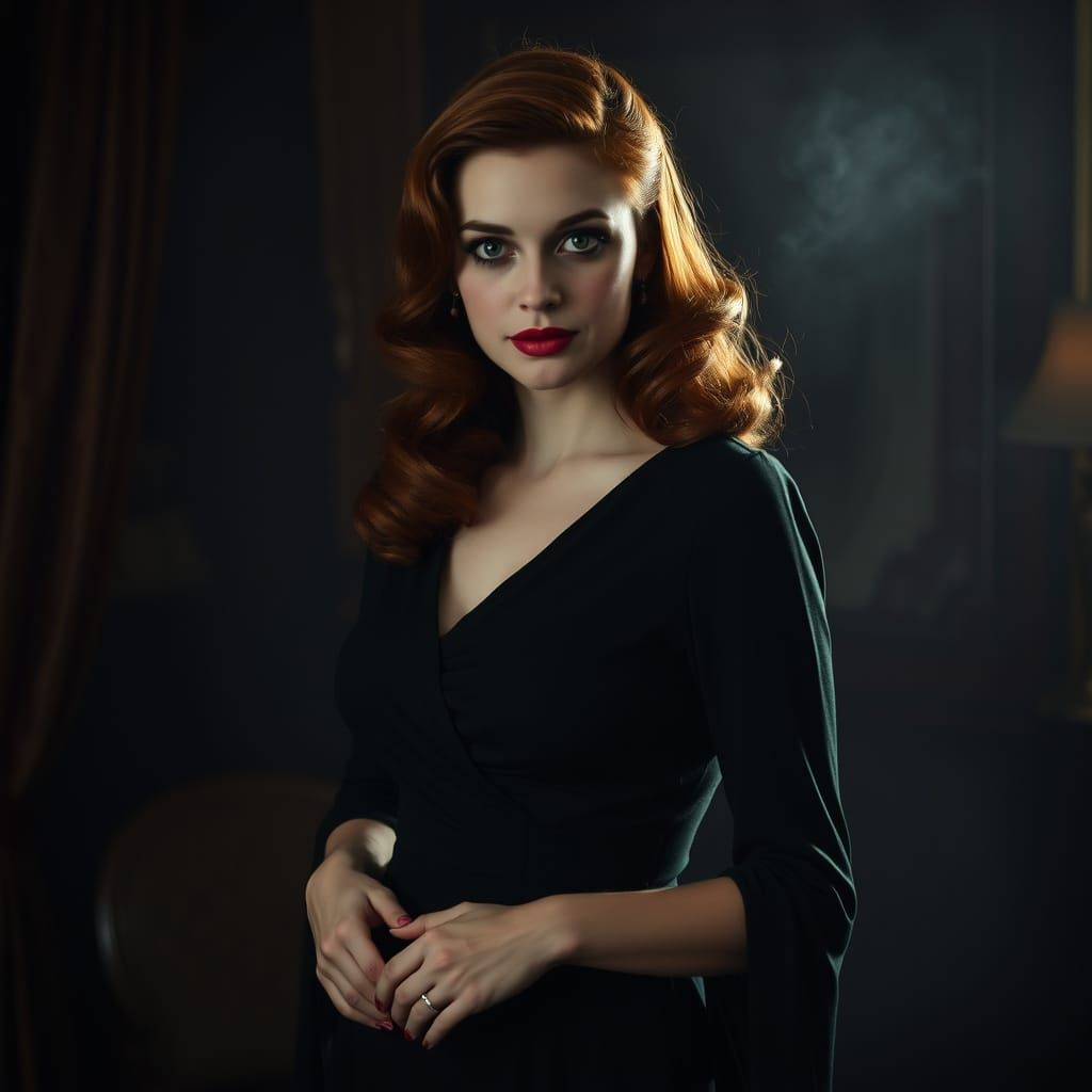 Elegant Woman in Smoky, Dark Wood Paneling Atmosphere