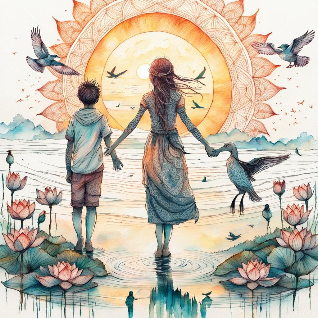 Children by Lotus Flower in Whimsical Fantasy Scene