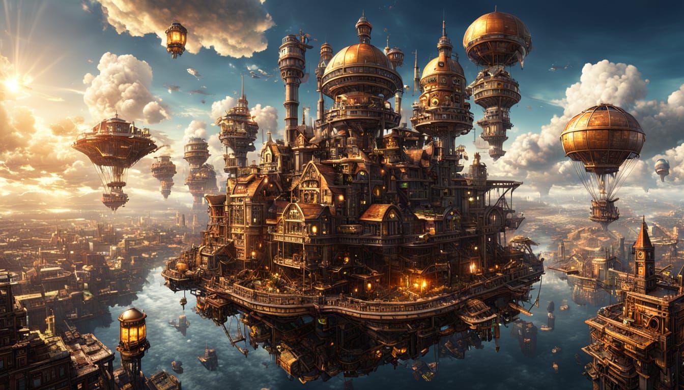 Majestic Steampunk Floating City in Golden Sunlight